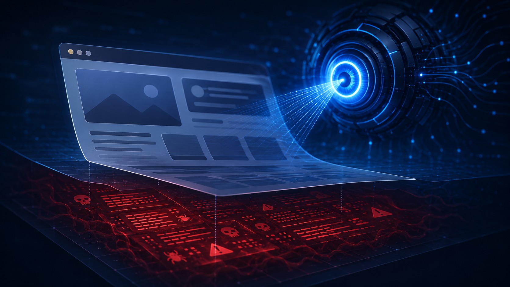 A glowing AI core reading a web page while a hidden layer of malicious instructions glows red beneath the visible content