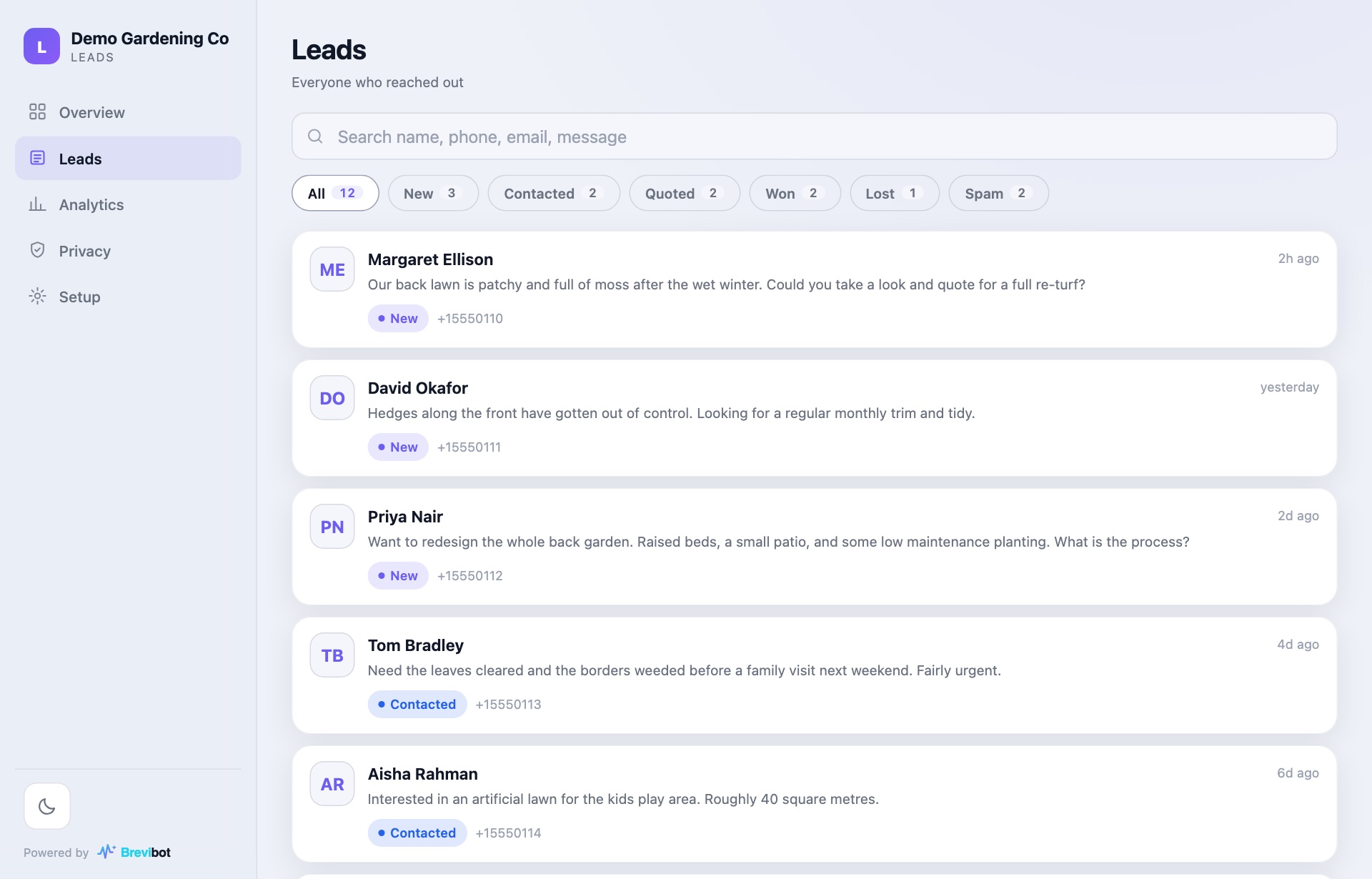 The leads dashboard that ships with the website, showing a list of incoming enquiries from real gardening customers with status labels like New, Contacted, Quoted and Won