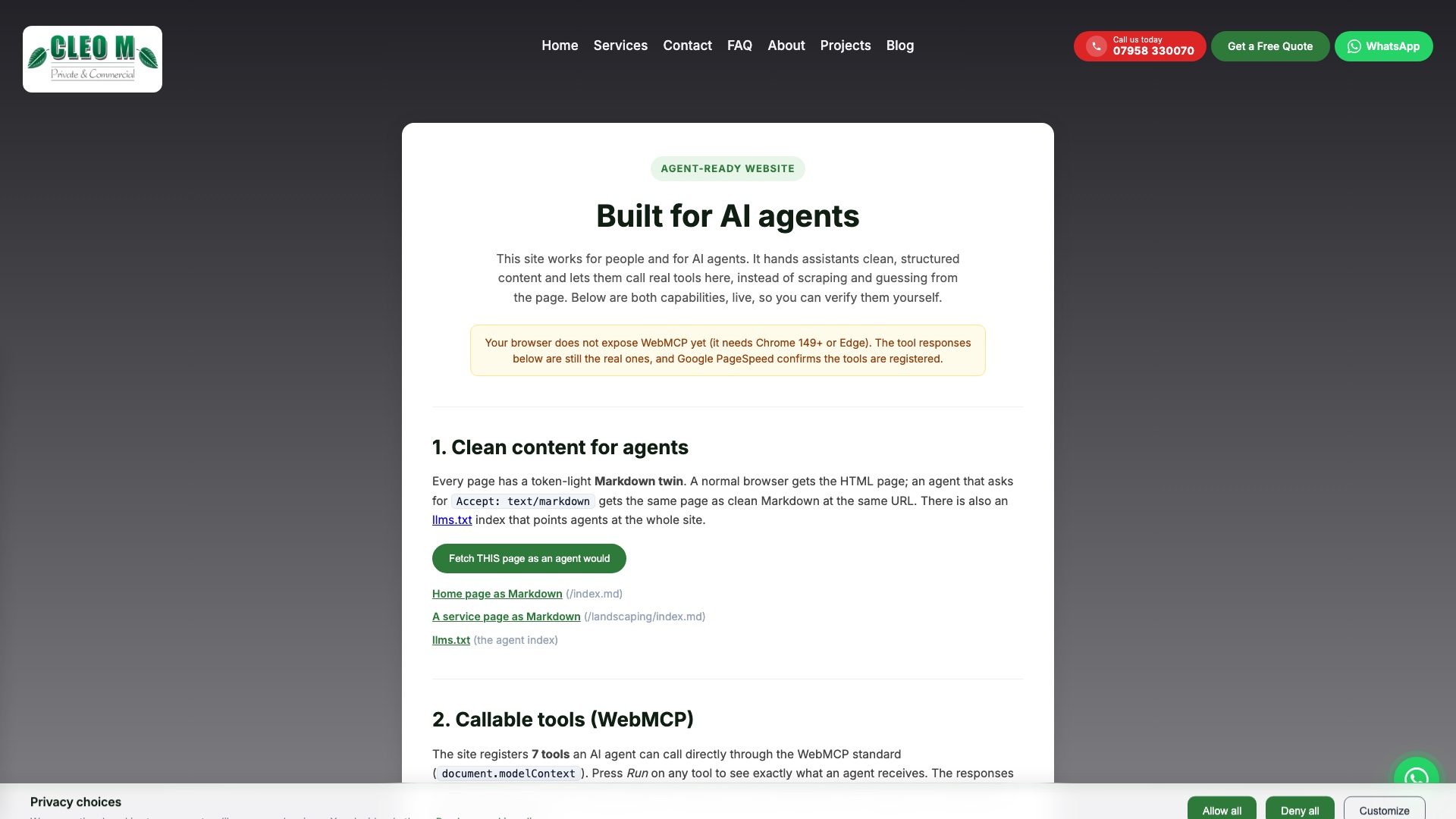 The Built for AI Agents page on the new website, showing an agent-ready badge, a clean Markdown version of every page, an llms.txt index, and callable tools an AI agent can use